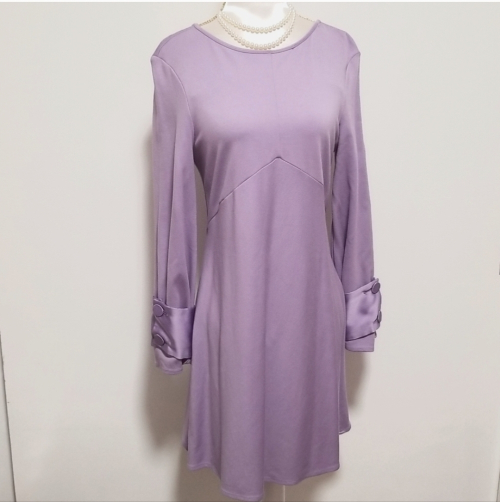 Imperial Lilac Dress Buttoned Cuff Long Sleeve Cut-Out Back A-Line Dress